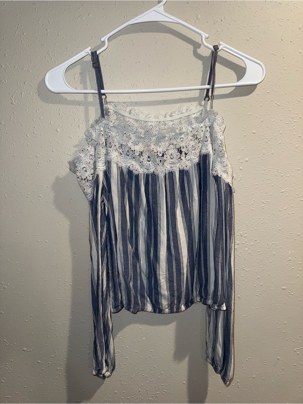 Hollister Blue & White Striped Lace-Trim Cold-Shoulder Cami